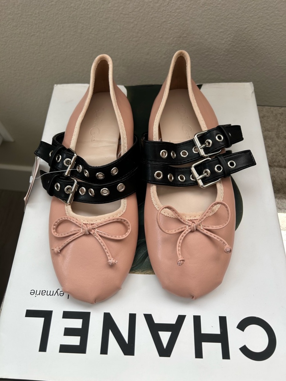 Pink Leather Ballet Flats with Double Black Buckle Straps - Picture 2 of 11